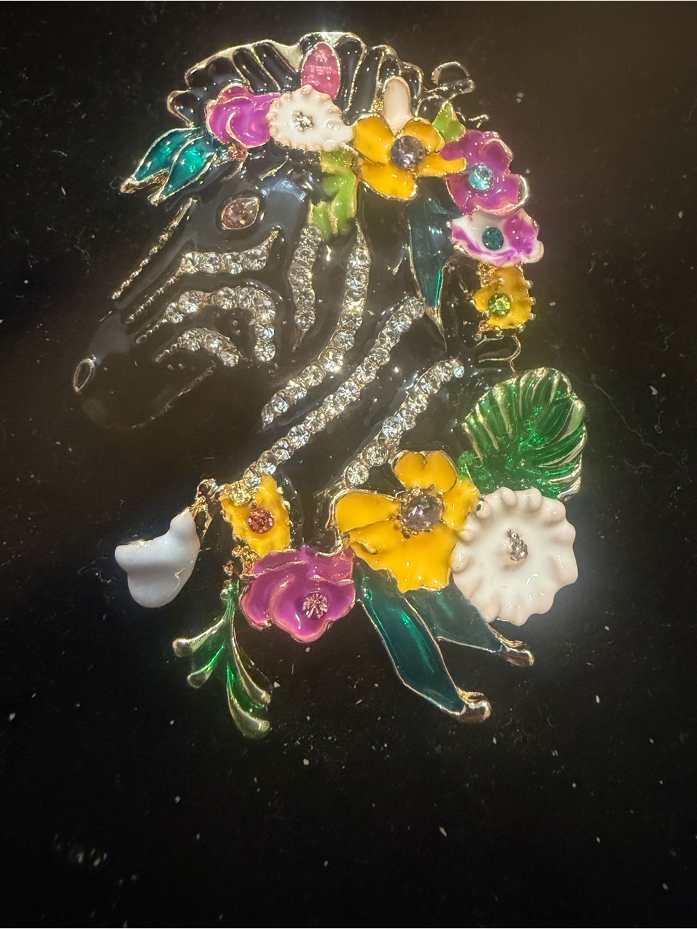 Floral Zebra Crystal Brooch - Multicolor Enamel Accent. Whimsical Kitschy